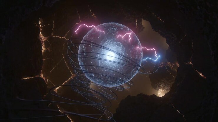 Fessure luminose che emettono filamenti, sfera di energia in carica, che sprigiona potenza in una caverna