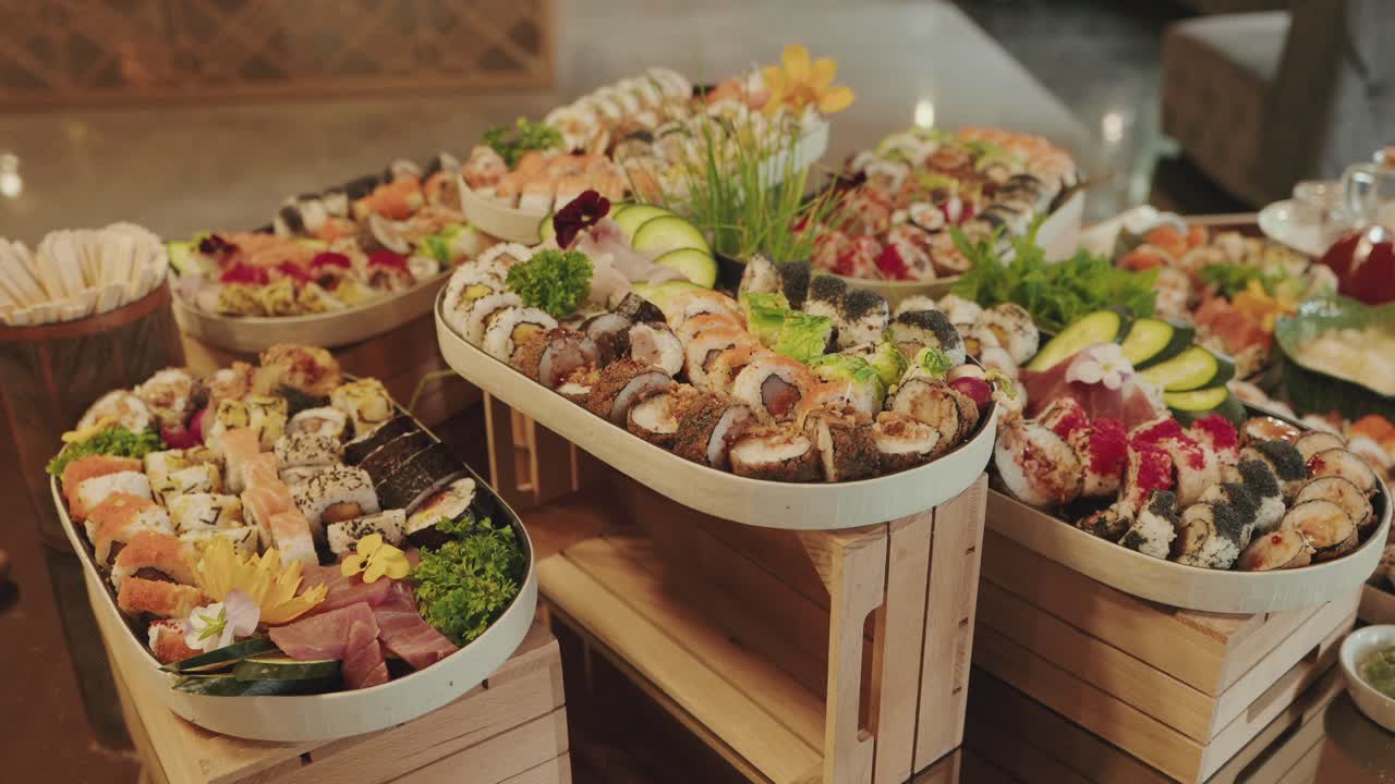 vibrant sushi selection displayed with garnish at upscale dining event