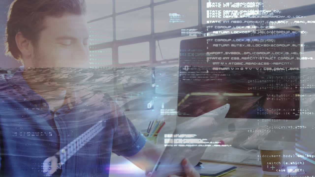 animación del procesamiento de datos sobre un hombre de negocios caucásico que usa una tableta