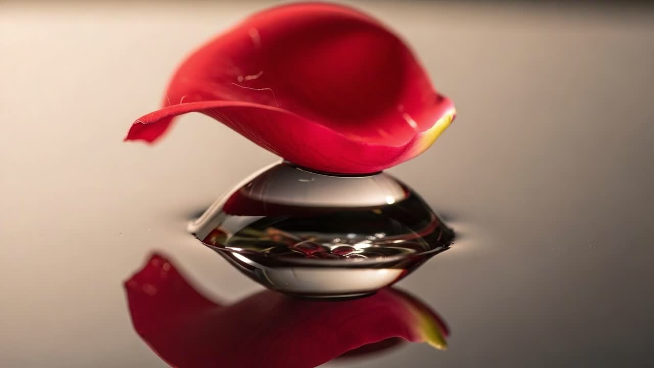 A delicate red rose petal elegantly balances on a shimmering water surface, creating a mesmerizing harmony of nature's beauty and reflective tranquility