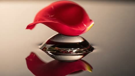a delicate red rose petal elegantly balances on a shimmering water surface, creating a mesmerizing harmony of nature's beauty and reflective tranquility