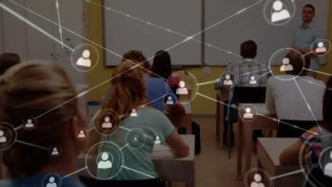 animación de la red de conexiones con iconos sobre maestros y estudiantes varones