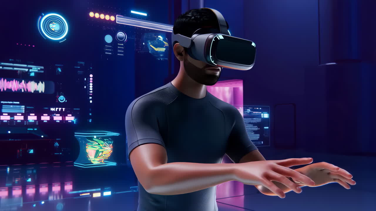 Man Using VR Headset in Futuristic Digital Environment