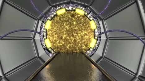 panoramic view to the station landscape scene. 3d abstract background of sci-fi corridor with portal. futuristic technology abstract seamless vj for tech titles and background.