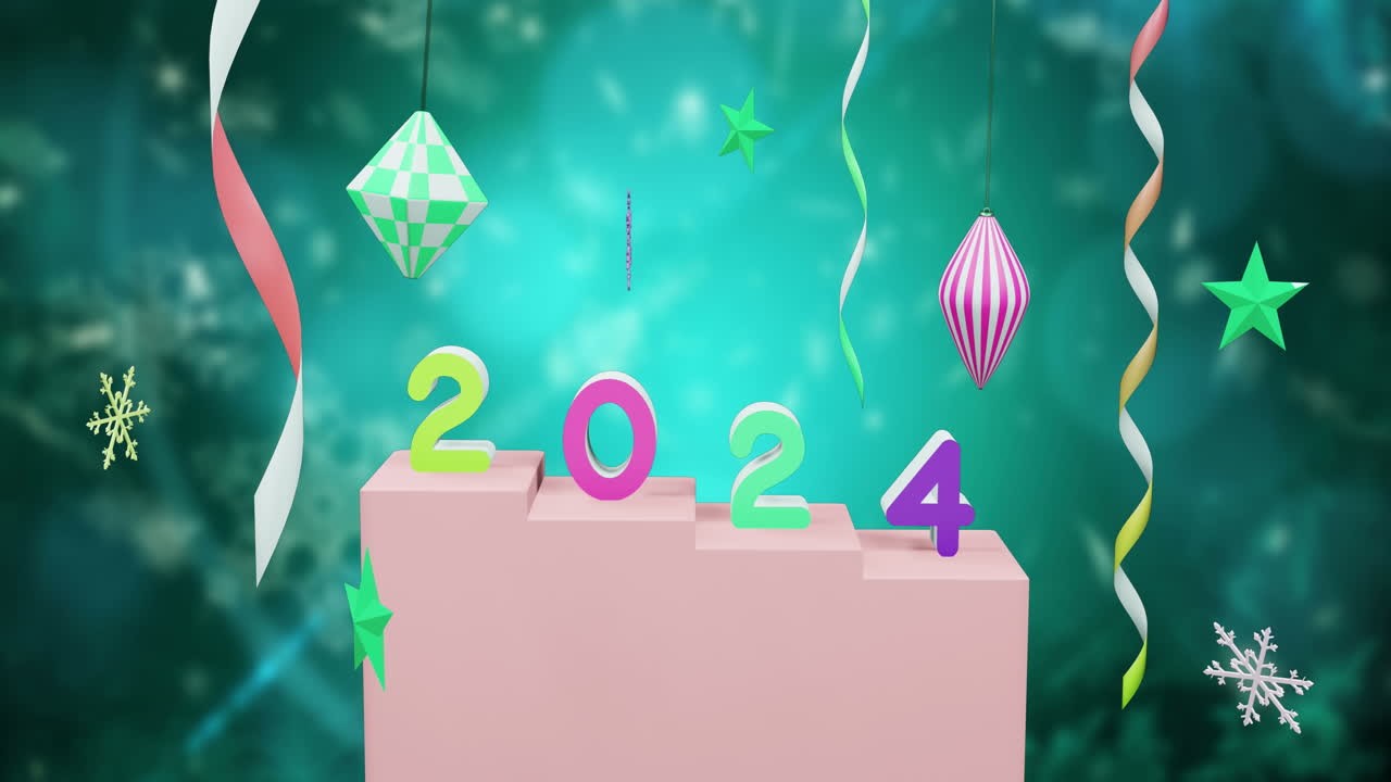 animación del texto de 2024 y decoraciones navideñas en el fondo