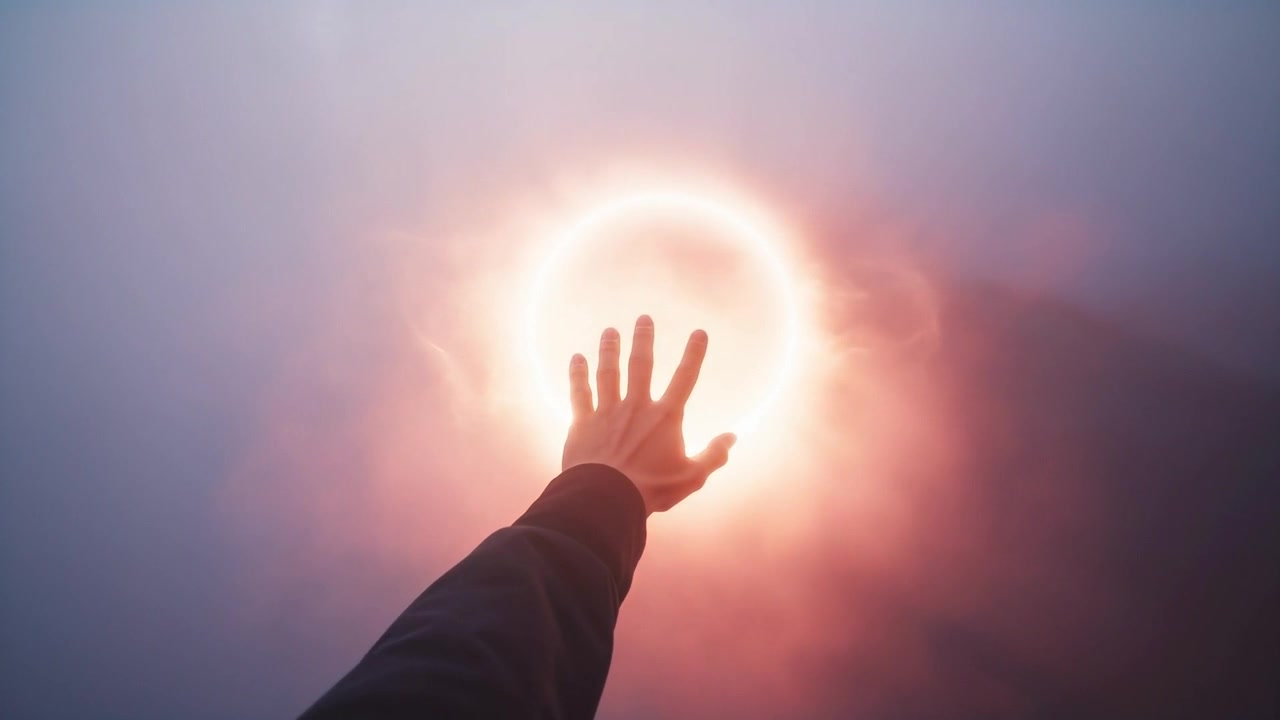 Braccio umano teso con manica scura che cerca di toccare un anello luminoso su una collina nebbiosa, illuminando la nebbia