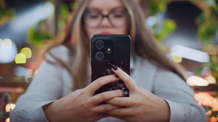 Primo piano di una donna con unghie nere smaltate che utilizza il suo smartphone, con una leggera sfocatura del viso e un vivace sfondo bokeh.