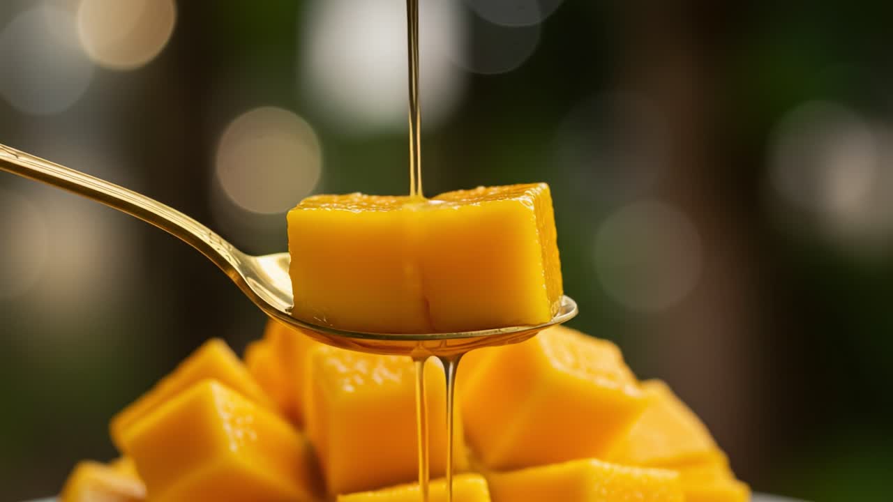 Deliciously Juicy Mango Cubes Glimmer on a Golden Spoon, Capturing the Essence of Summer with Their Bright Color and Succulent Texture in a Naturally Beautiful Setting