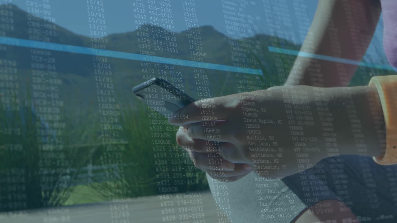 Animation of data processing over midsection of woman using smartphone in background