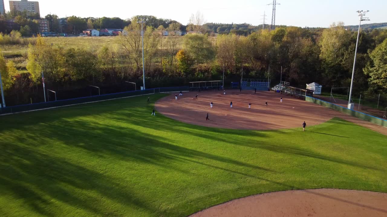 Aerial View Of Baseball Players At Arrows Park Ostrava In Czech Republic.