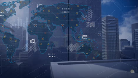 animated world map with data points and network connections over cityscape background