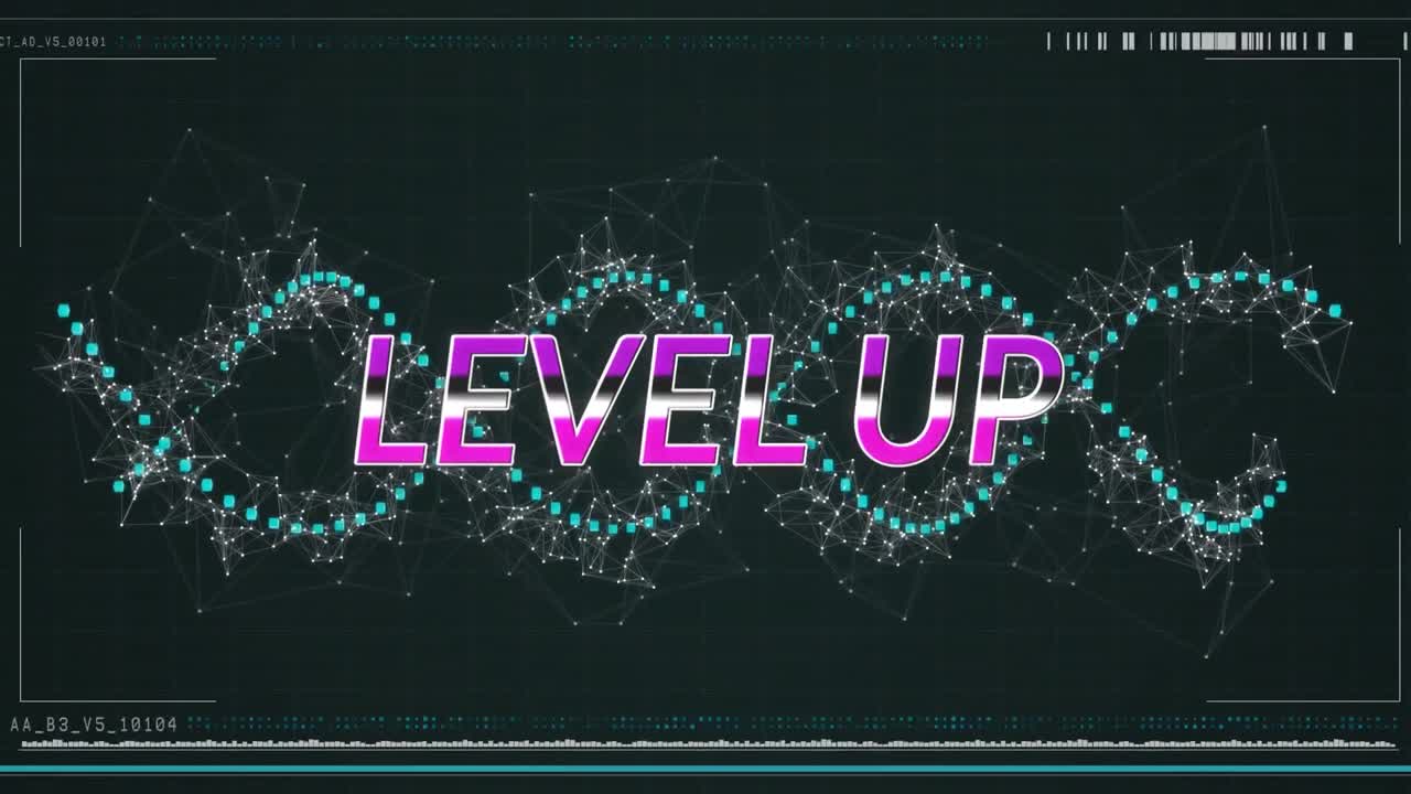 연결의 회전하는 초록색 네트워크를 통해 레벨 업 텍스트의 애니메이션