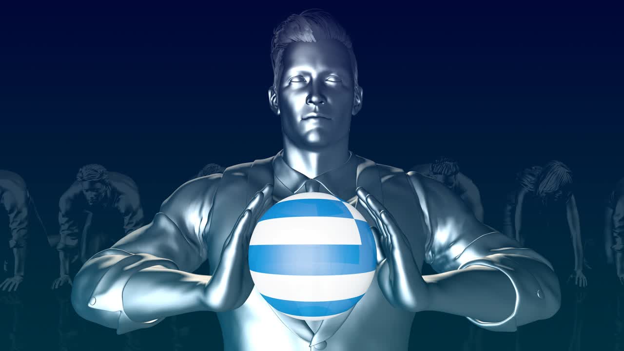 hombre sosteniendo la bandera de grecia como esfera global