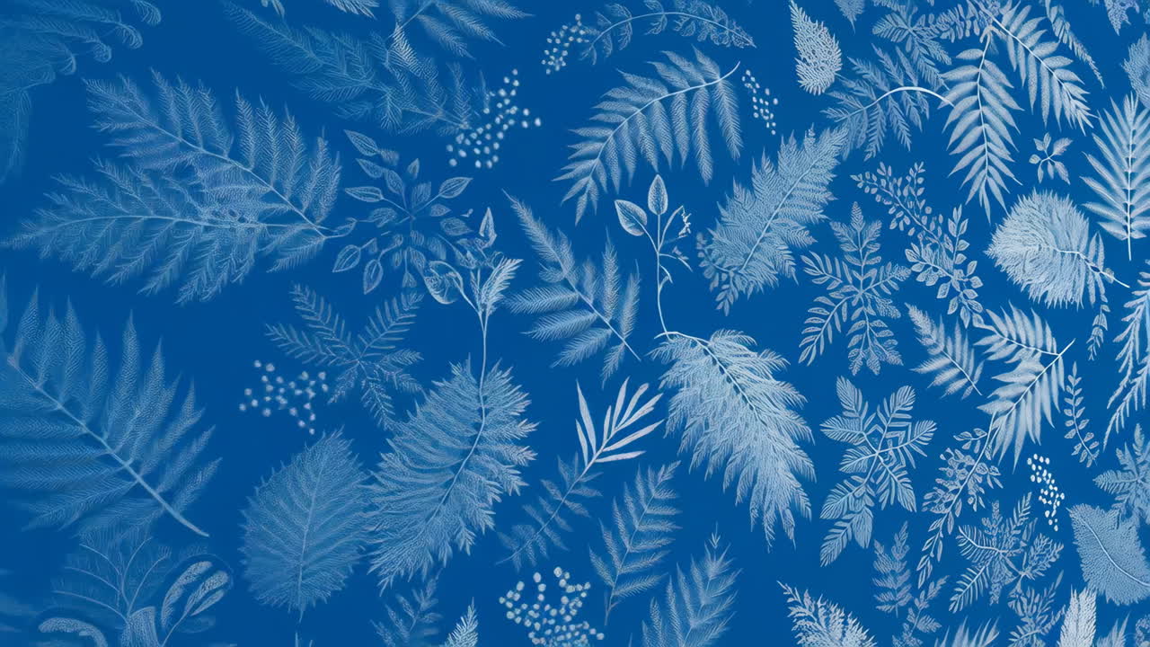 Fern and Leaf Pattern on Blue Background