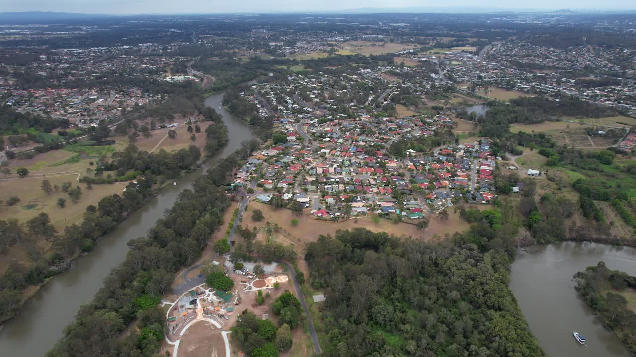View from Above Of Neighbourhoods And Logan River In Loganholme, Logan City, Queensland