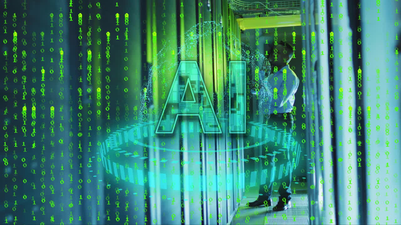 Animation of ai text, binary coding data processing over asian businessm by computer servers