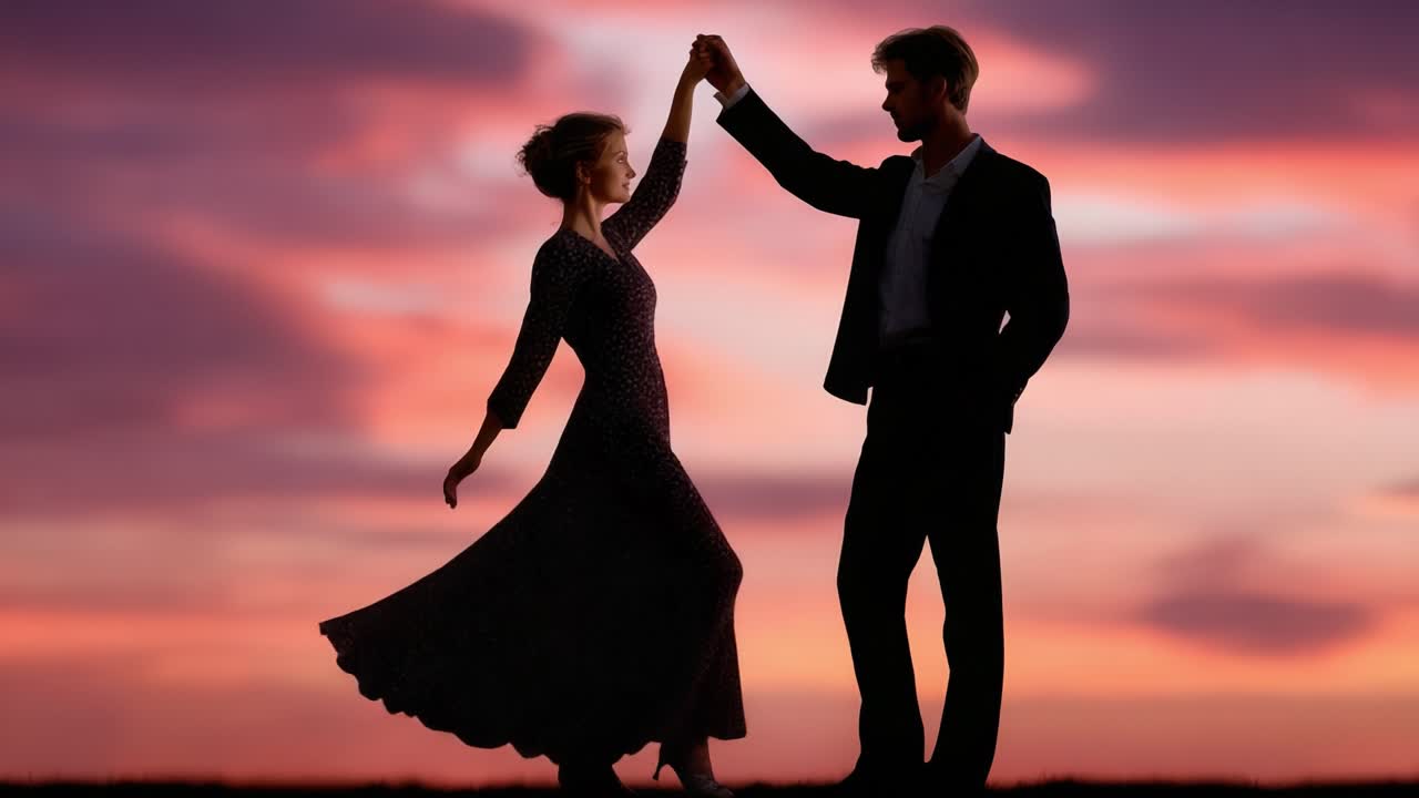 A Romantic Sunset Dance: A Couple Embraces Love in a Majestic Evening Silhouette Against a Vibrant Sky, Celebrating Connection and Joy in Their Shared Moment