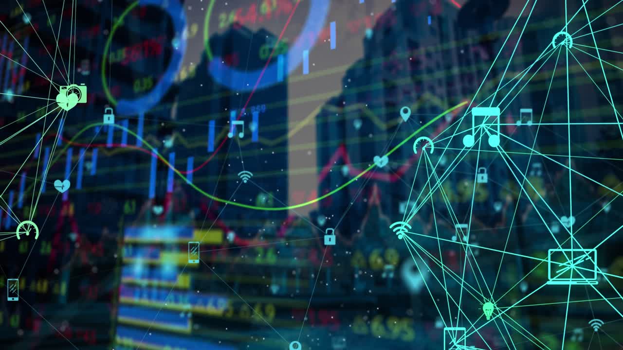 Video of financial data processing over cityscape