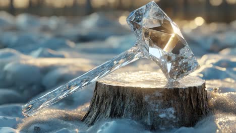 crystal ice hammer on a tree stump in a winter forest