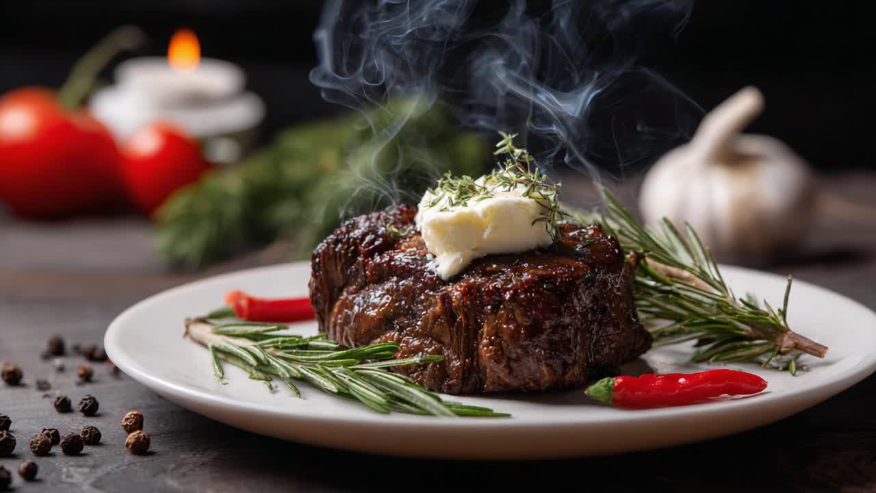 A Mouthwatering Steak Dish Garnished with Aromatic Herbs and Butter, Perfectly Cooked and Seared, Surrounded by Fresh Ingredients and Flavorful Spices
