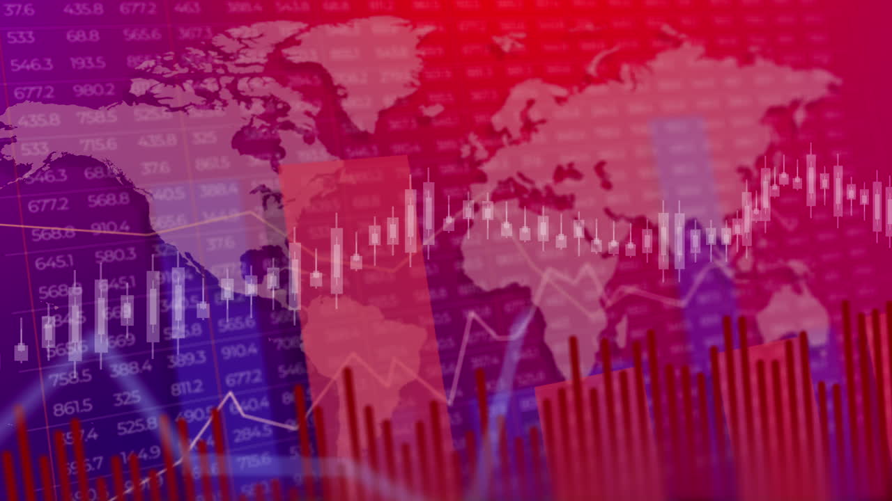 Digital financial chart of investment trends. Color stock 3D graphics with numbers and variable data. Looped background for business in blue and red colors.