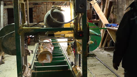 person working in sawmill with special equipment for log cutting