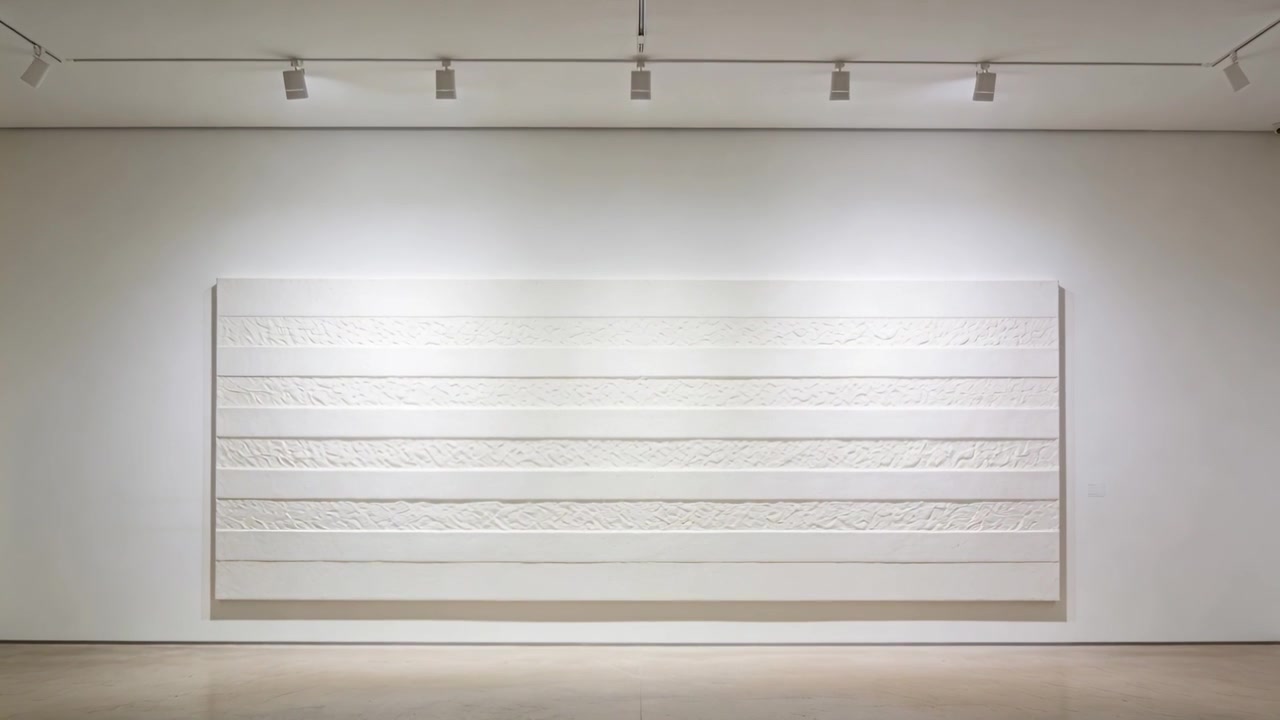 Zooming camera in on textured panel in gallery, spotlights lighting panel for displaying evenly
