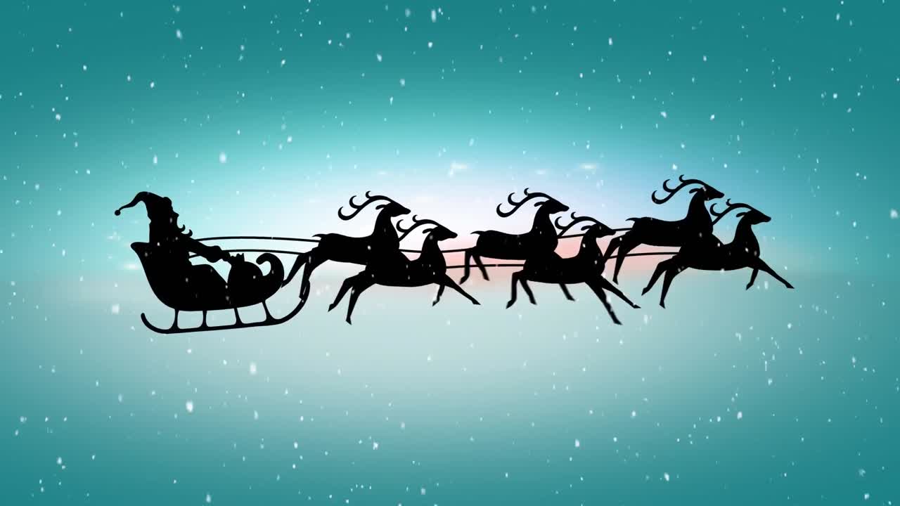 Digital animation of snow falling over black silhouette of santa claus in sleigh being pulled by rei