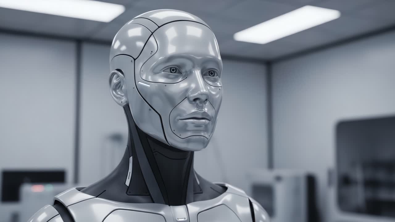 A Futuristic Robot Figure Displaying Advanced Technology Illustrated by a Sleek, Chrome-Plated Design and Realistic Facial Features in a Modern Laboratory Setting