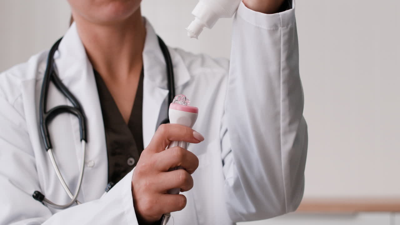 Doctor applying ultrasound gel to a medical device