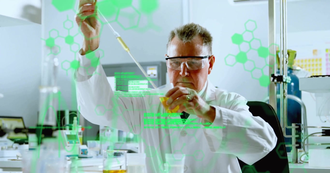 Senior male scientist reaching pipette aspirating solution with animated overlay guiding research