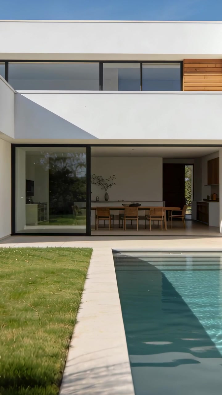 Video verticale: Sole splendente e vento che creano increspature e ombre in movimento sulla piscina di casa con porte a vetri