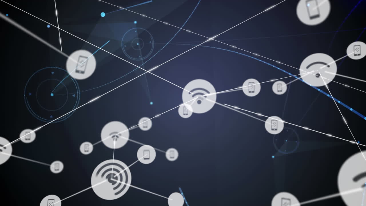 animación de redes de conexiones con iconos sobre fondo negro