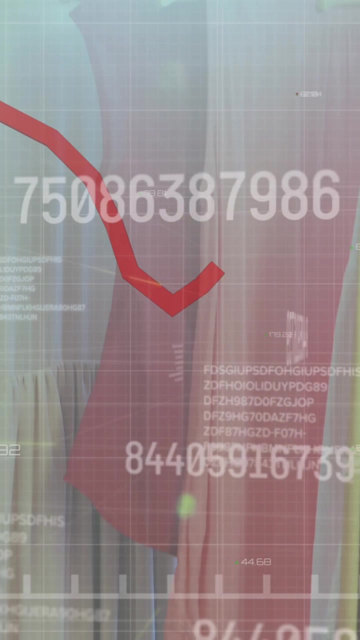 Animation of numbers changing and red line processing over rail of hanging clothes in shop