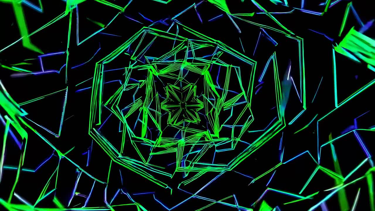 A kaleidoscopic video effect with a top-down angle, featuring neon green geometric patterns