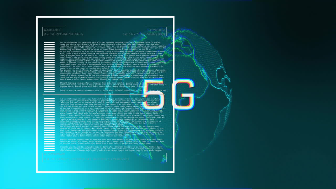 5G text animation over digital globe and data processing interface