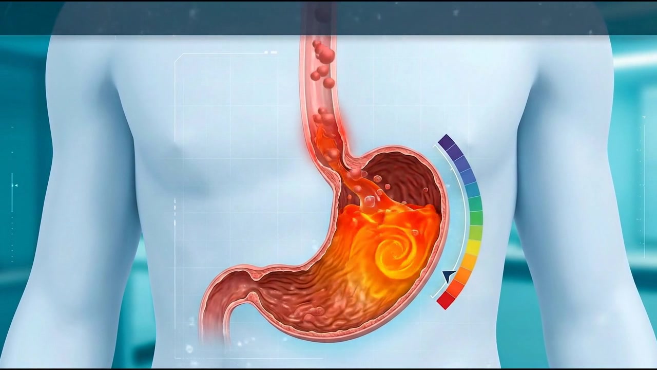 Transparent torso with illuminated orange stomach highlighting digestive discomfort