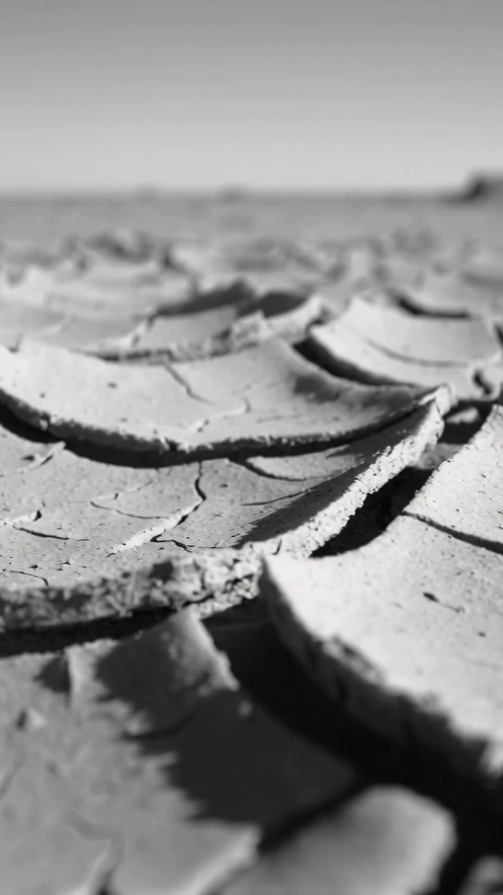 Vertical video: Pulling back, camera revealing cracked clay plates on dry playa, exposing outcrop