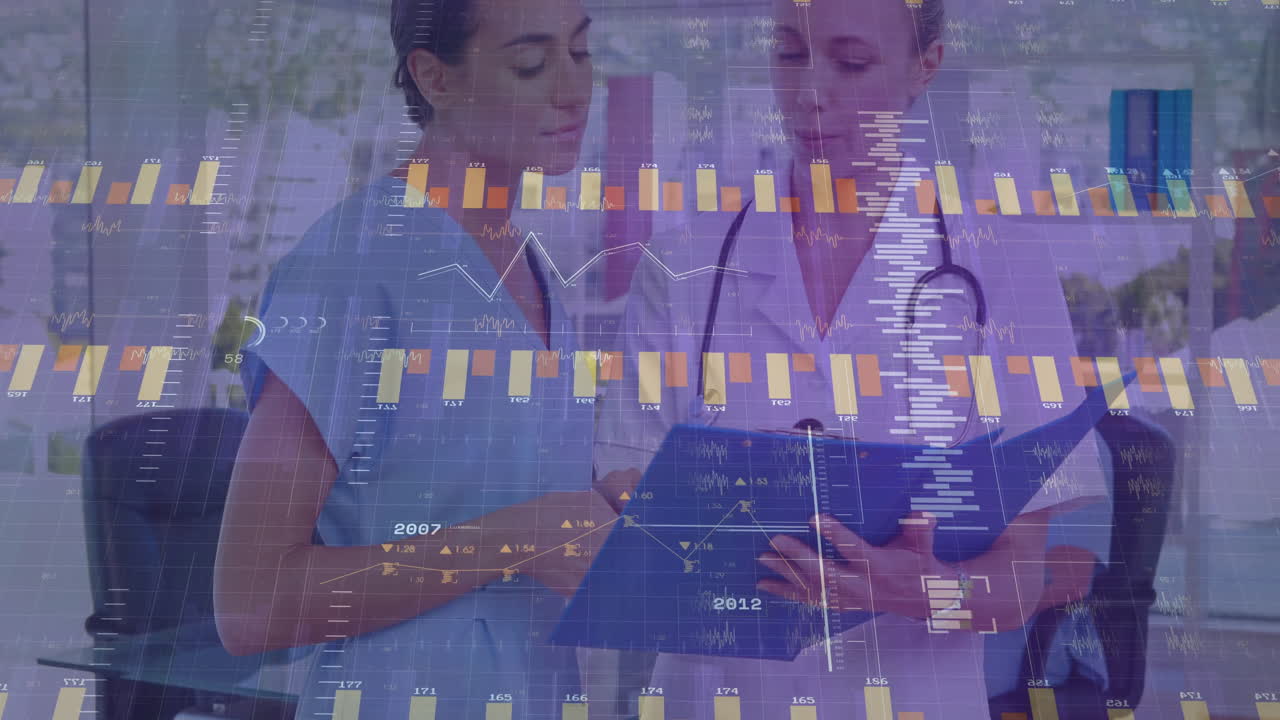 Female nurse and doctor reviewing health data in clinic with tablet, stethoscope, floating graphs
