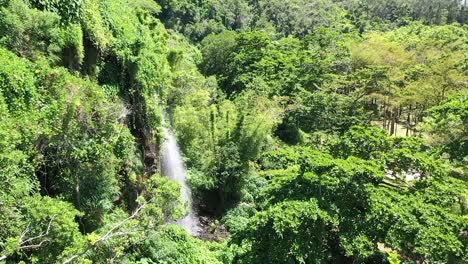 aerial view of a large waterfall in the rain forest of reunion island, a french island in the indian ocean