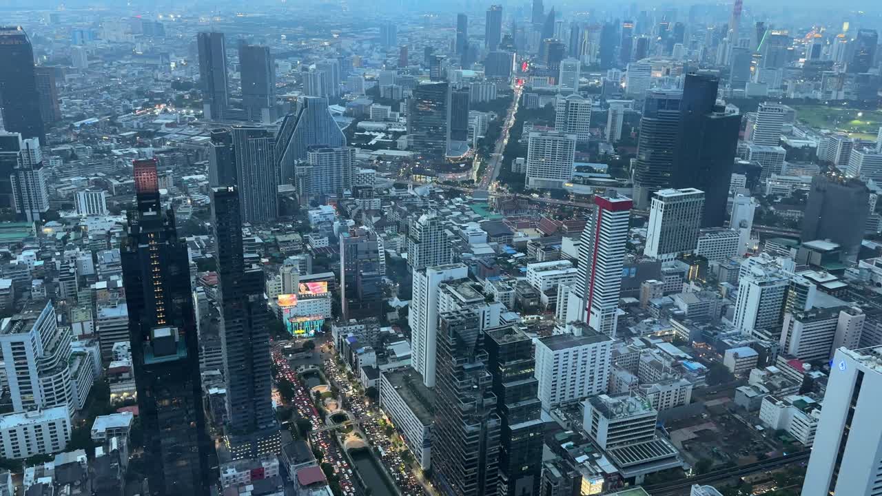 Aerial Bangkok city Thailand no horizon skyscrapers twilight sprawling metropolis. Buildings over financial business district Downtown.