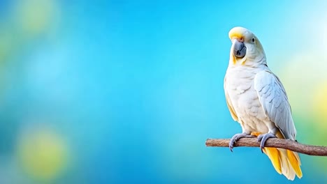 white cockatoo perched on a branch with a blue background