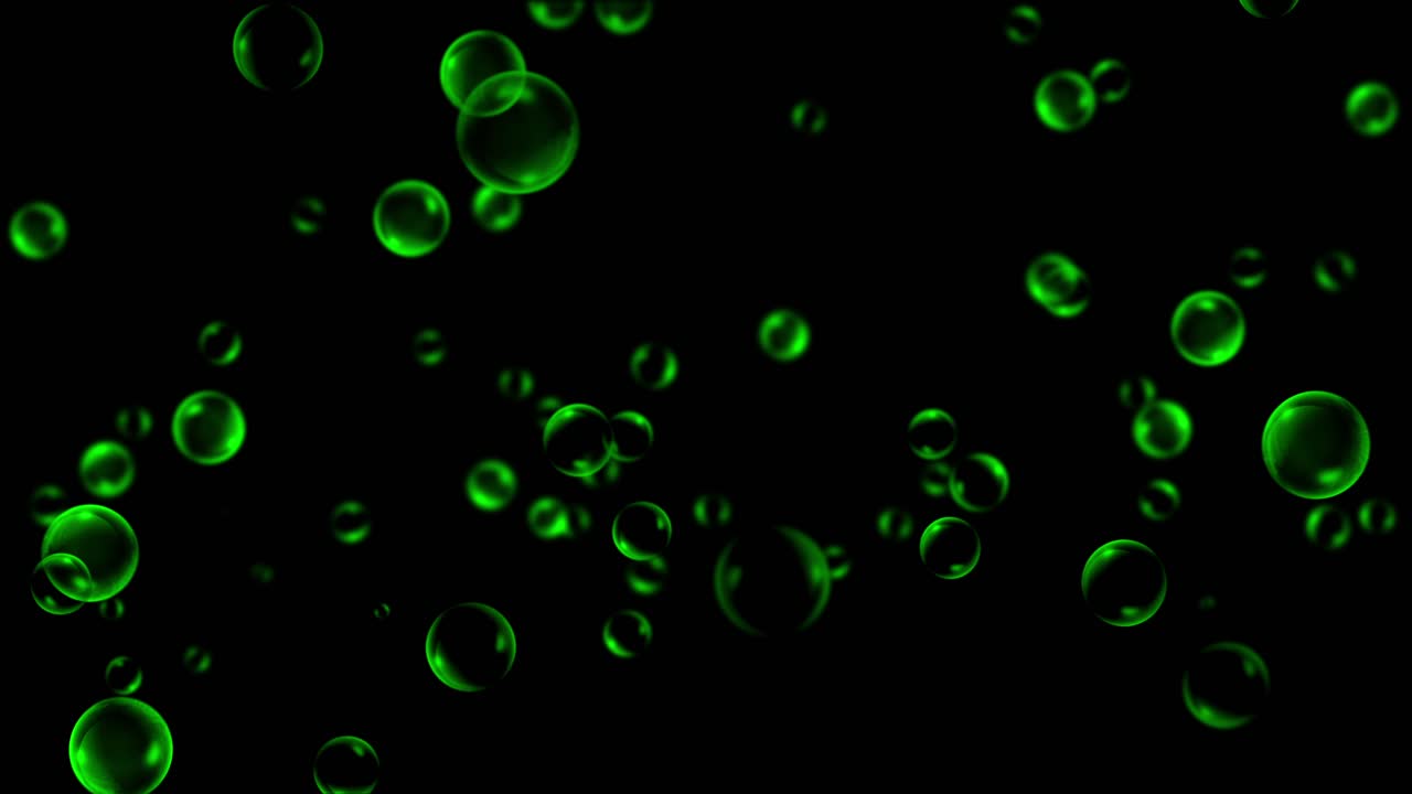 Green bubbles float and drift upwards on a black background. A seamless loop for abstract, science, or fantasy motion graphics, suggesting potions or toxic liquid