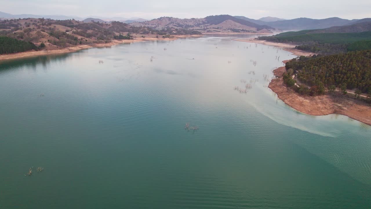 Drone footage of Lake Eildon, near Mansfield in central Victoria, Australia. The storage was 61% full. April 2025.