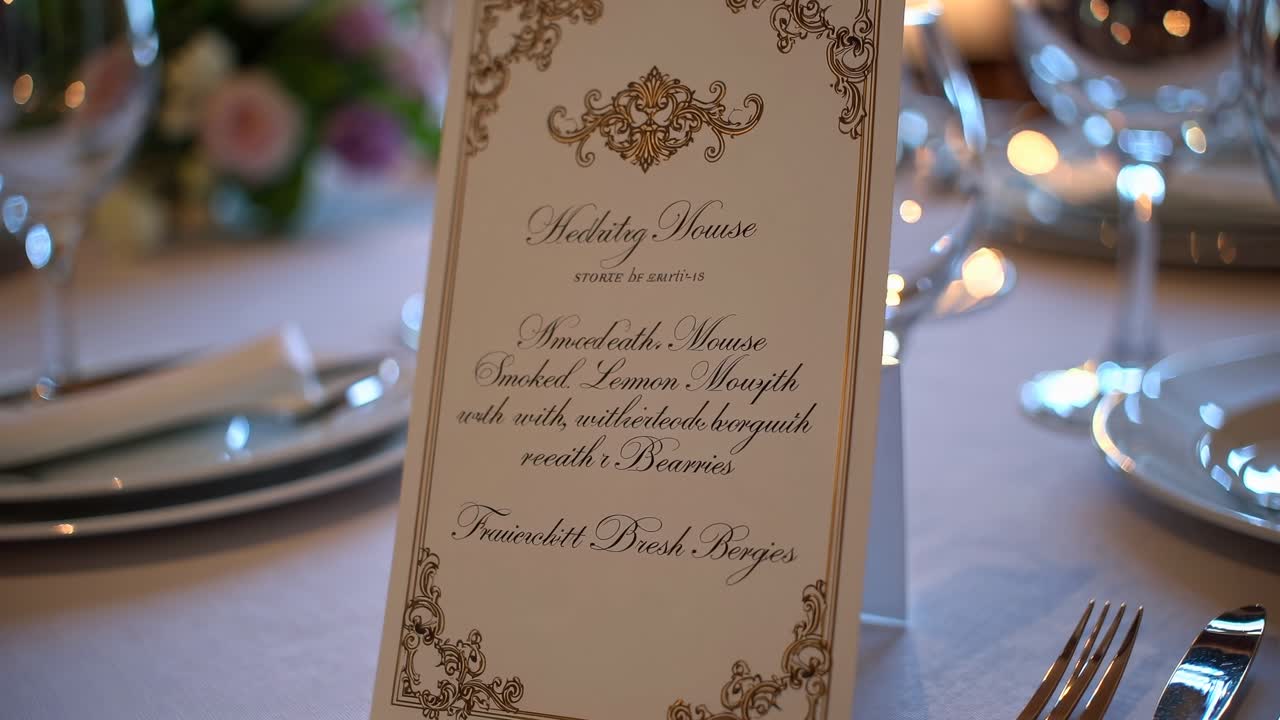 Elegant wedding menu card on a set table, captured at eye level