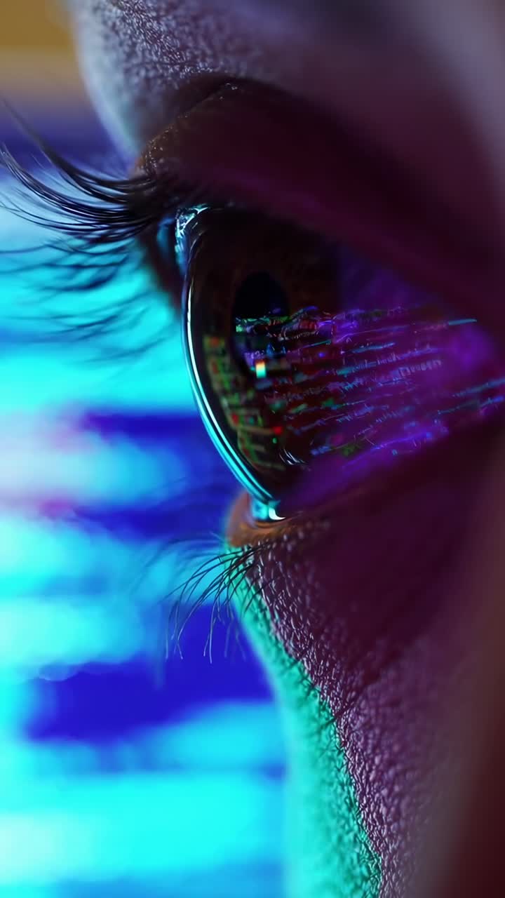 Close-up video of an eye reflecting digital code, captured from a side angle