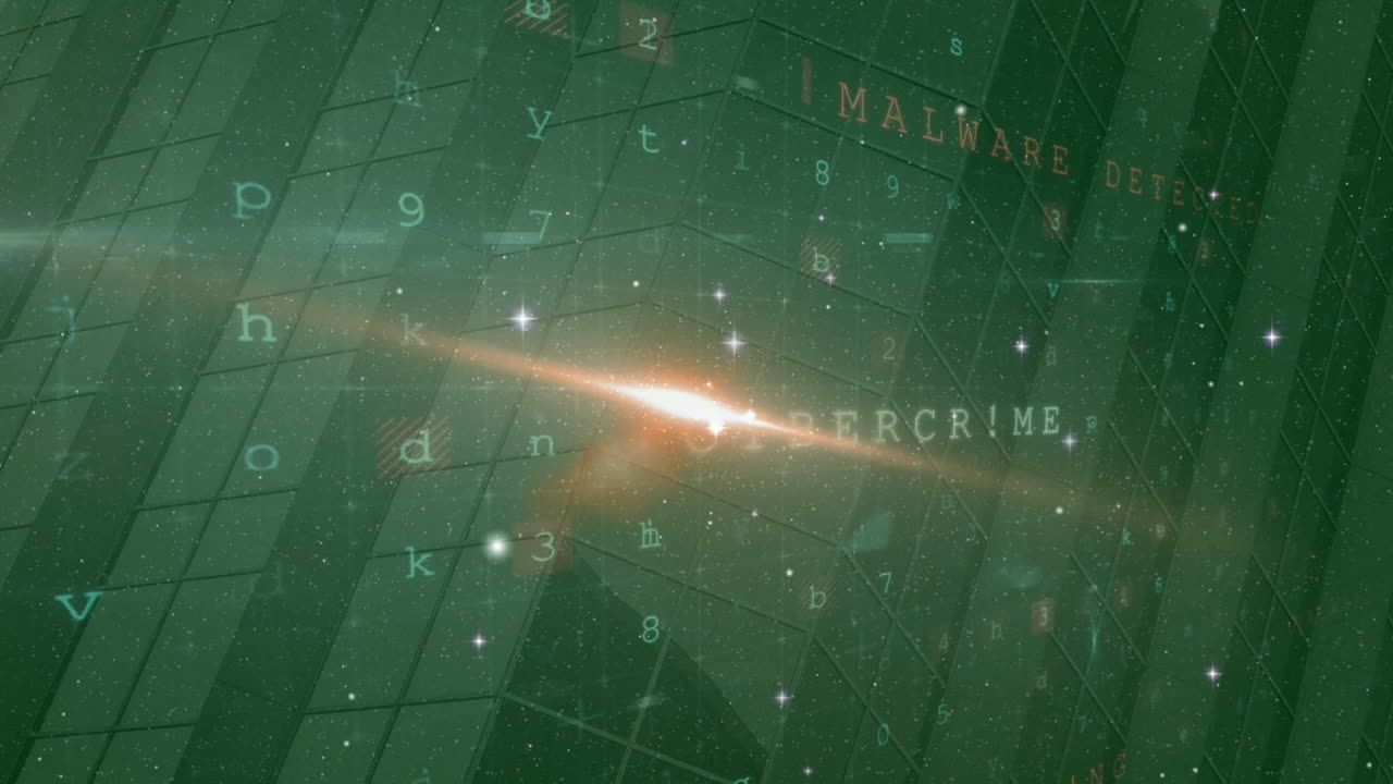 Animation of lights, cyber crime and malware over buildings