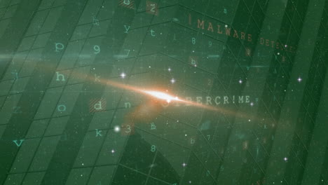 animación de luces, cibercrimen y malware sobre los edificios.
