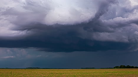 Toma-De-Timelapse-Del-Movimiento-De-Una-Espesa-Nube-De-Lluvia-Oscura-Sobre-Un-Campo-De-Trigo-Maduro-En-Un-Día-Nublado