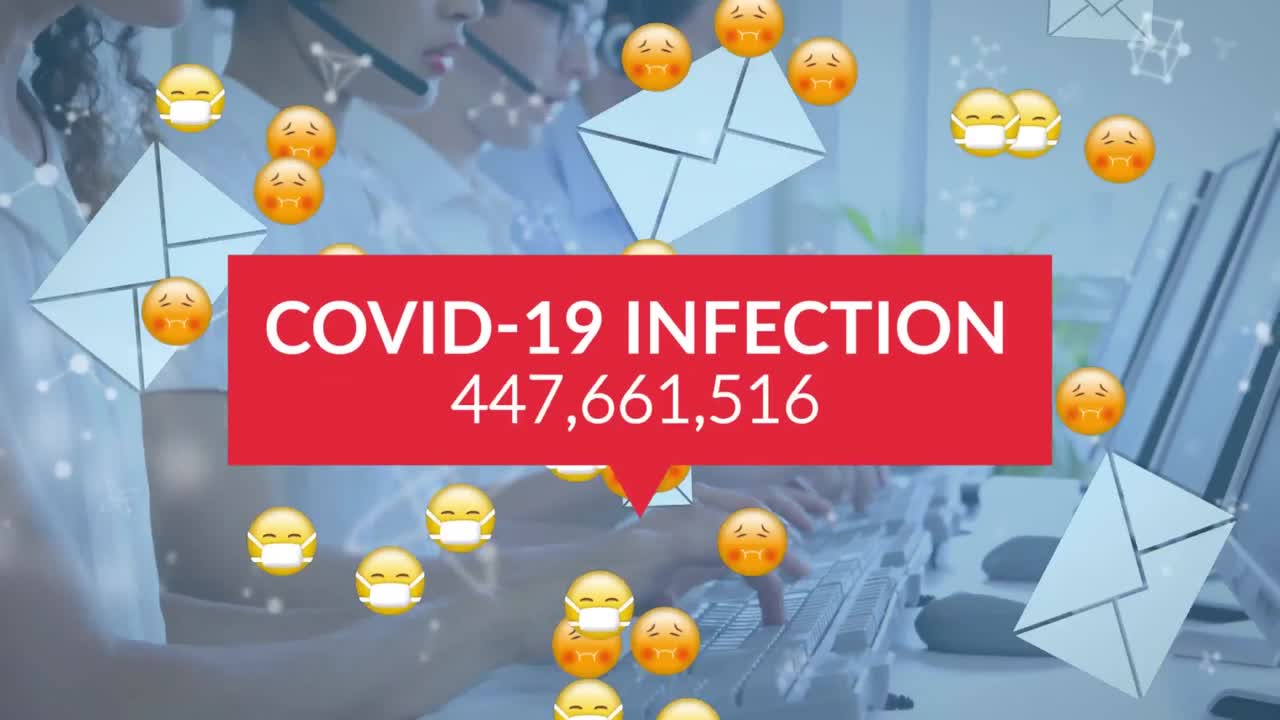 얼굴 마스크를 가진 여러 이모지에서 코로나 19 데이터 처리의 애니메이션